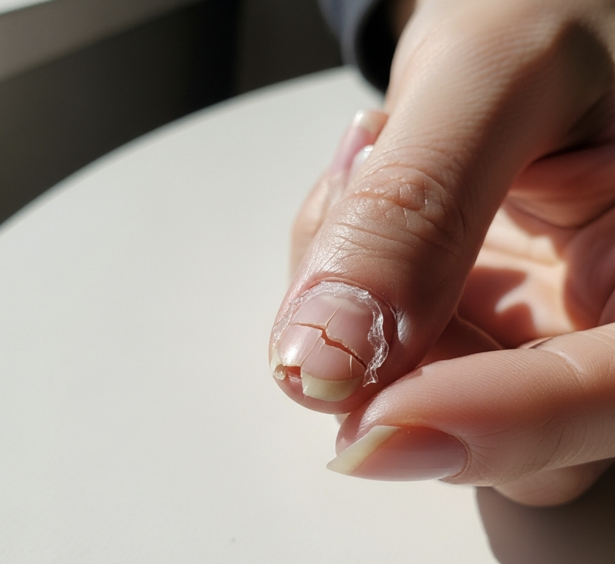Close-up of a broken nail before repair