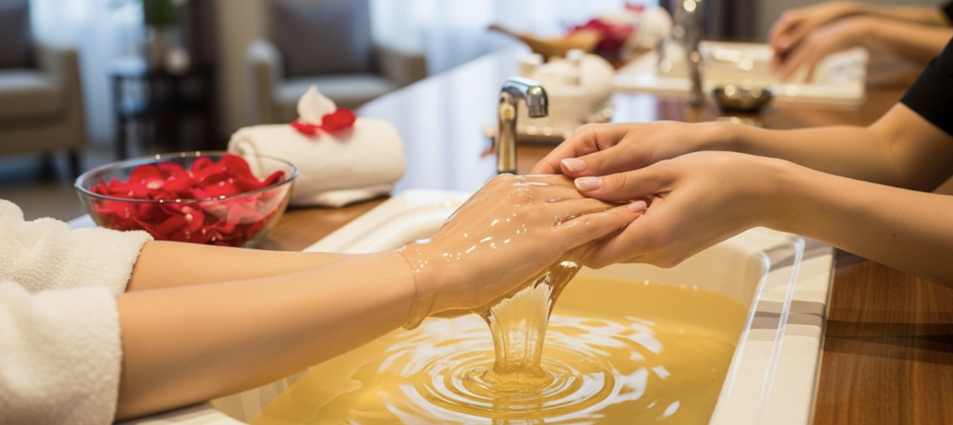 Hands being dipped in warm paraffin wax